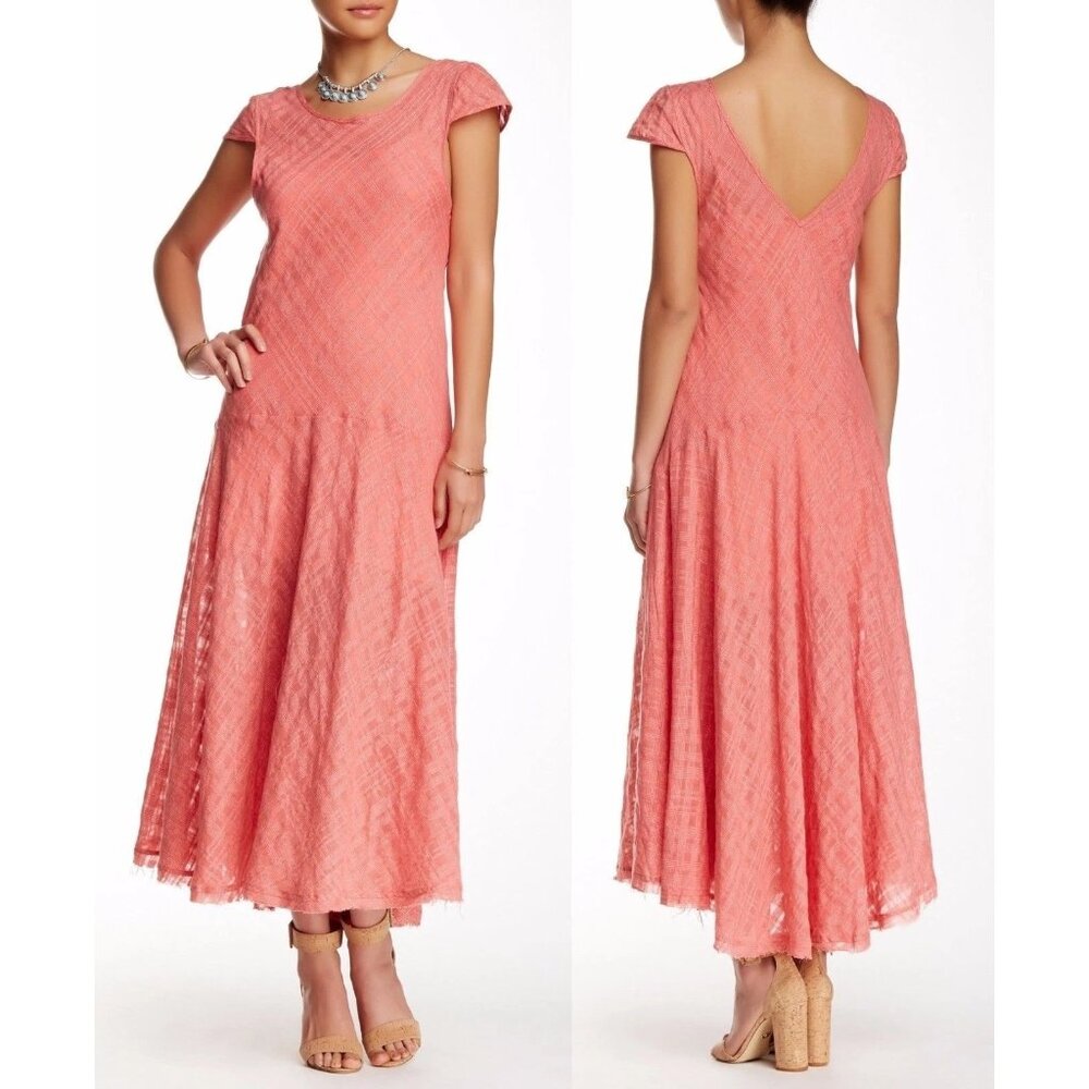 Free People Coral Pink Plaid Maxi‎ Dress Cap Sleeves Flowy Fit Womens S